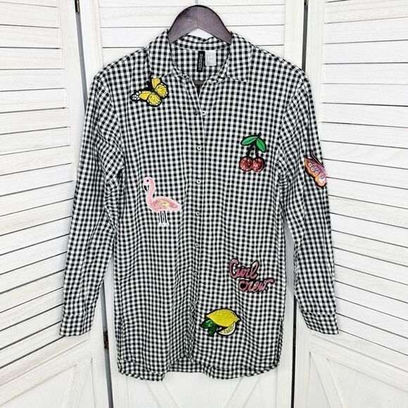 H&M Sequin Appliqué Gingham Check Button Front Shirt Black White Size 2 - Picture 10 of 15